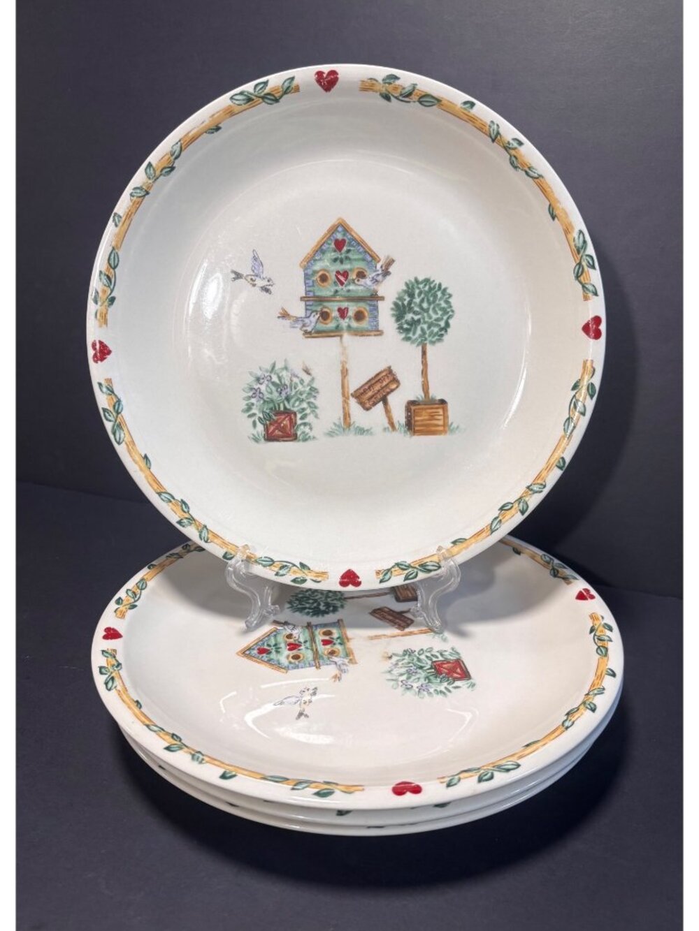 Thomson Pottery Birdhouse Dinner Plates Set Of 4 Hand-Painted Country Themed VTG